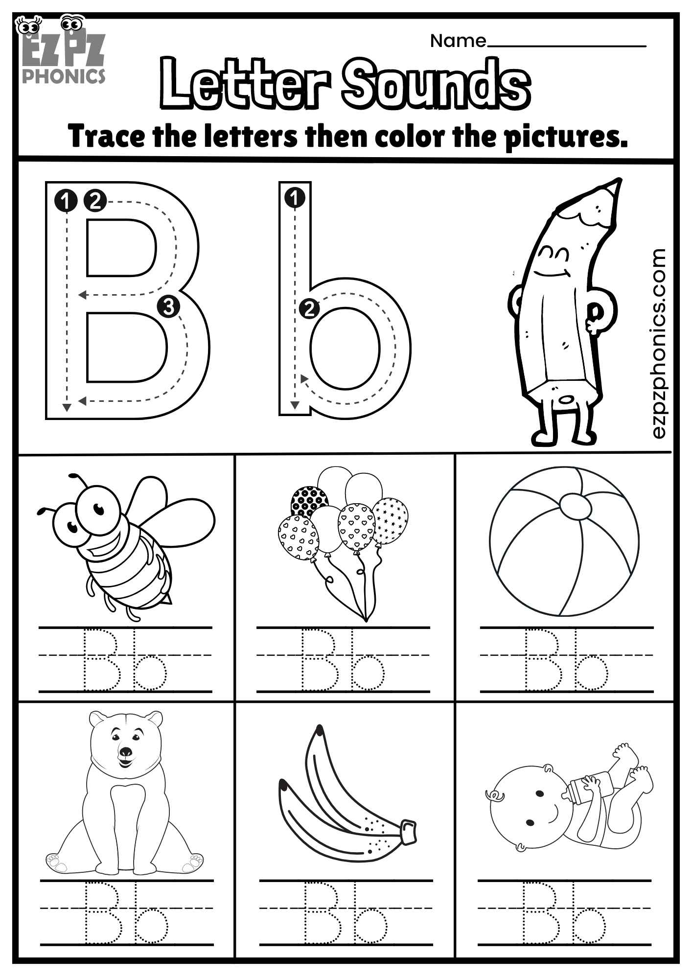 Letter Bb Trace And Color The Pictures Free PDF Download - Ezpzphonics.com